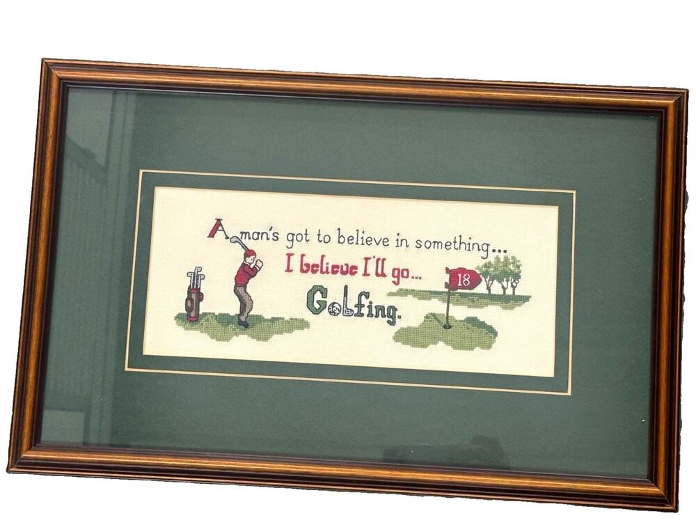 Vintage Finished & Framed Golfing Cross Stitch Wall Art – A Man's Got to Belie
